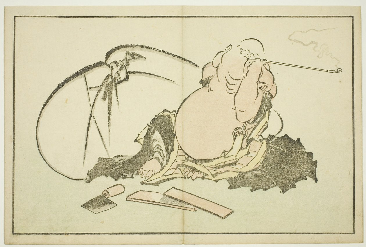 Hotei tupakoi piippuaan, teoksesta The Picture Book of Realistic Paintings of Hokusai (Hokusai shashin gafu), noin 1814 (värillinen puupiirros (albumiarkki)). tekijältä Katsushika Hokusai