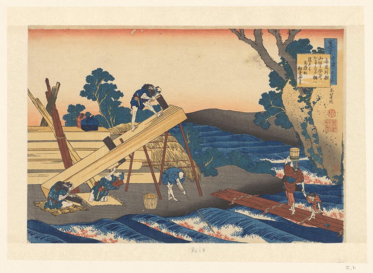 Saha joen mutkassa Jokaisen 100 runoilijan runot, hoitajan selittämä (sarjan nimi) Hyakunin isshu uba ga etoki (sarjan nimi esineessä) tekijältä Katsushika Hokusai