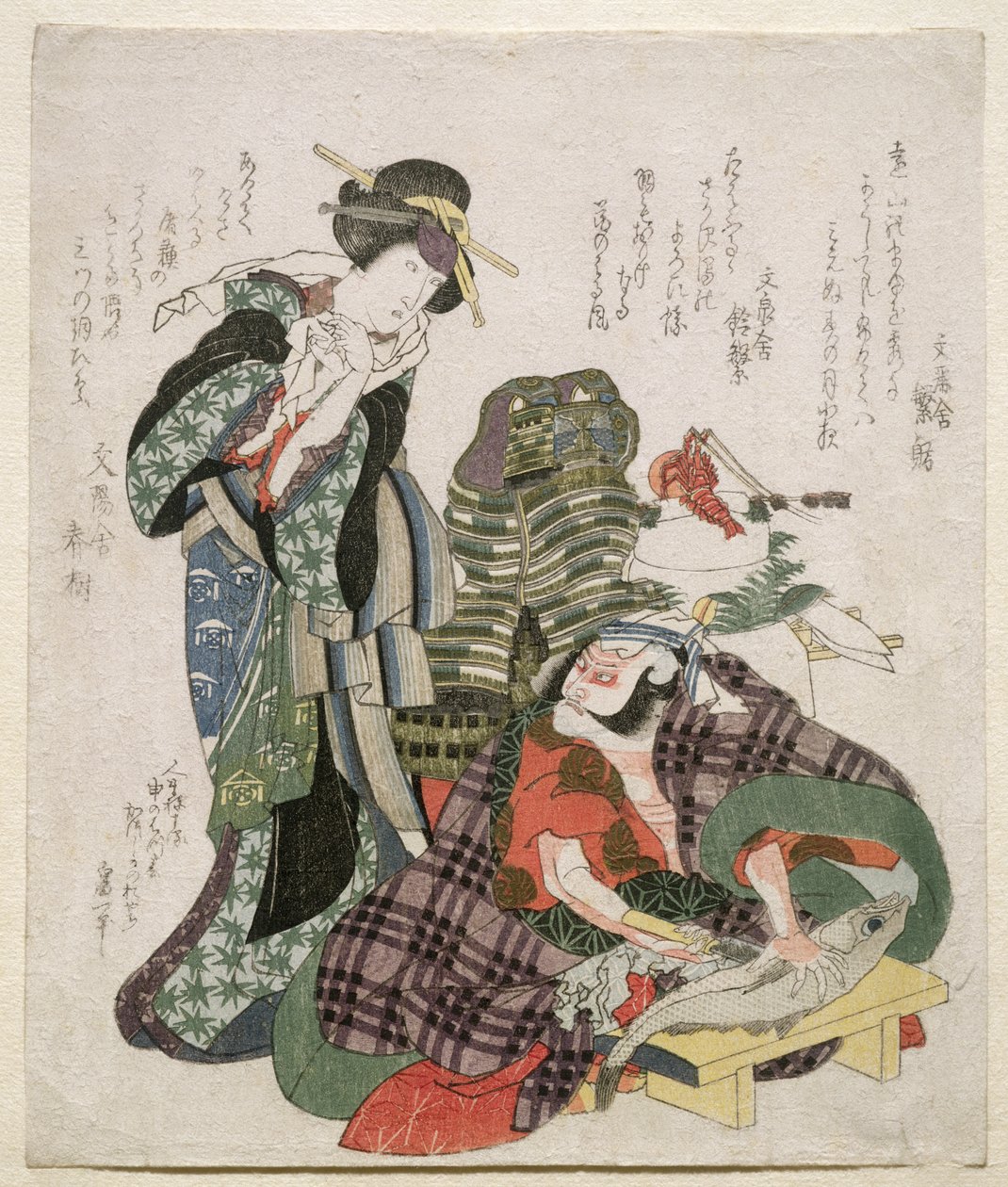 Ichikawa Danjuro ja Ichikawa Monnosuke Jagekiyona ja Iwai Kumesaburonä, 1824 (puupiirroskaiverrus) tekijältä Katsushika Hokusai