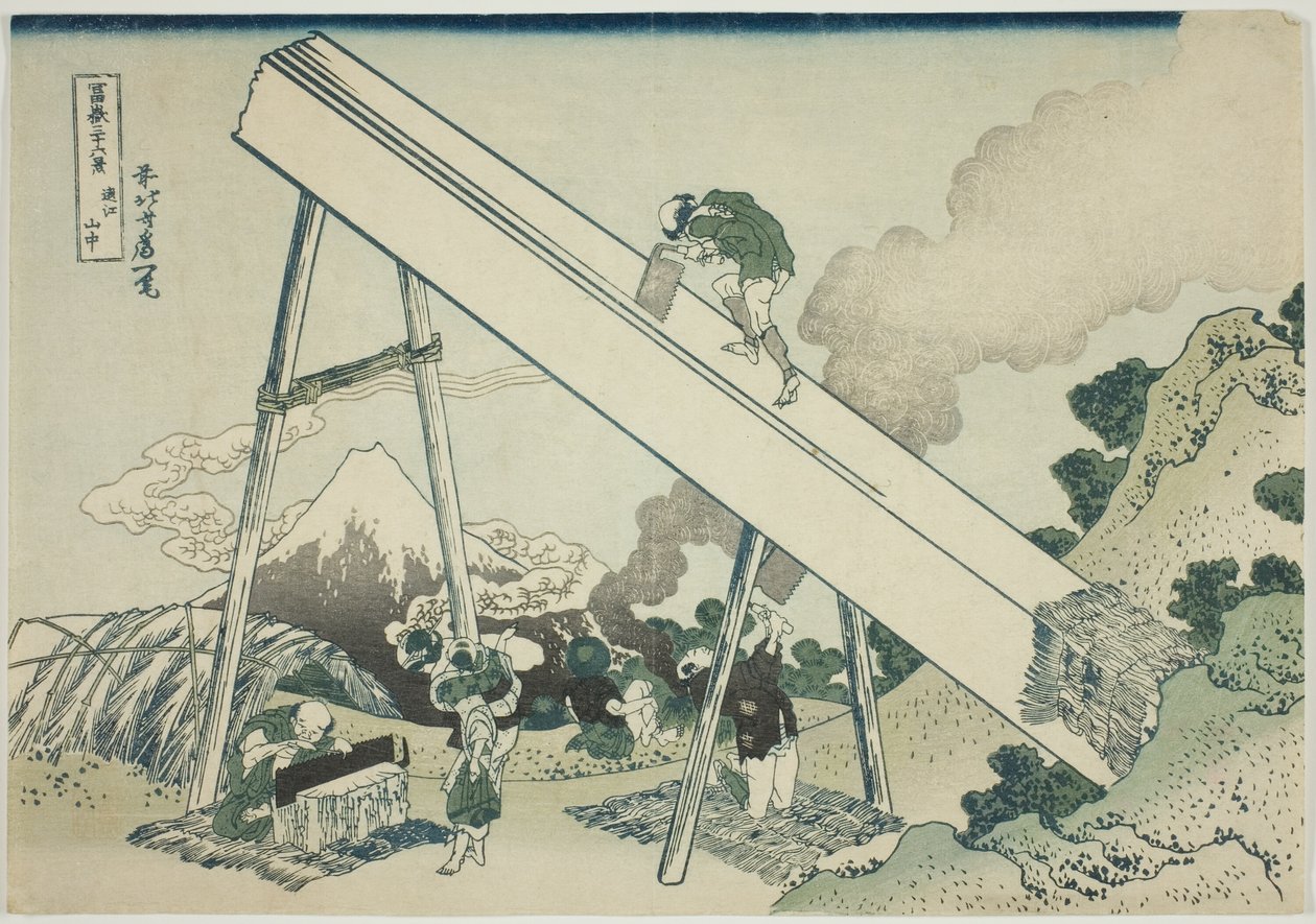 Totomin vuoristossa (Totomi sanchu), sarjasta "Kolmekymmentäkuusi näkymää Fuji-vuorelle (Fugaku sanjurokkei)" tekijältä Katsushika Hokusai