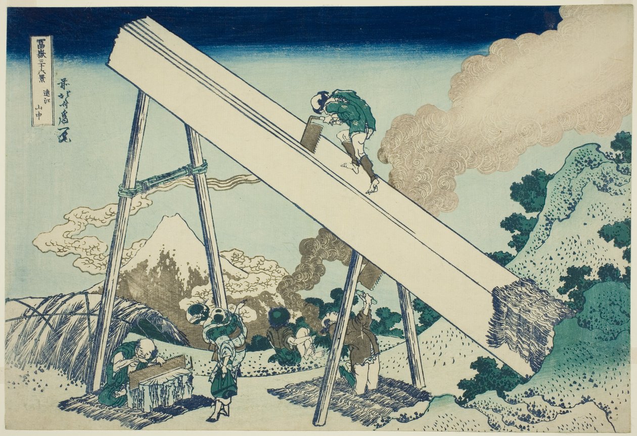 Totomin maakunnan vuoristossa (Totomi sanchu), sarjasta "Kolmekymmentäkuusi näkymää Fuji-vuorelle (Fugaku sanjurokkei)" tekijältä Katsushika Hokusai