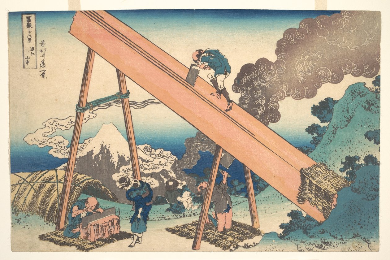 Tōtomin maakunnan vuoristossa (Tōtomi sanchū), sarjasta ”Fuji-vuoren 36 näkymää” (Fugaku sanjūrokkei) tekijältä Katsushika Hokusai