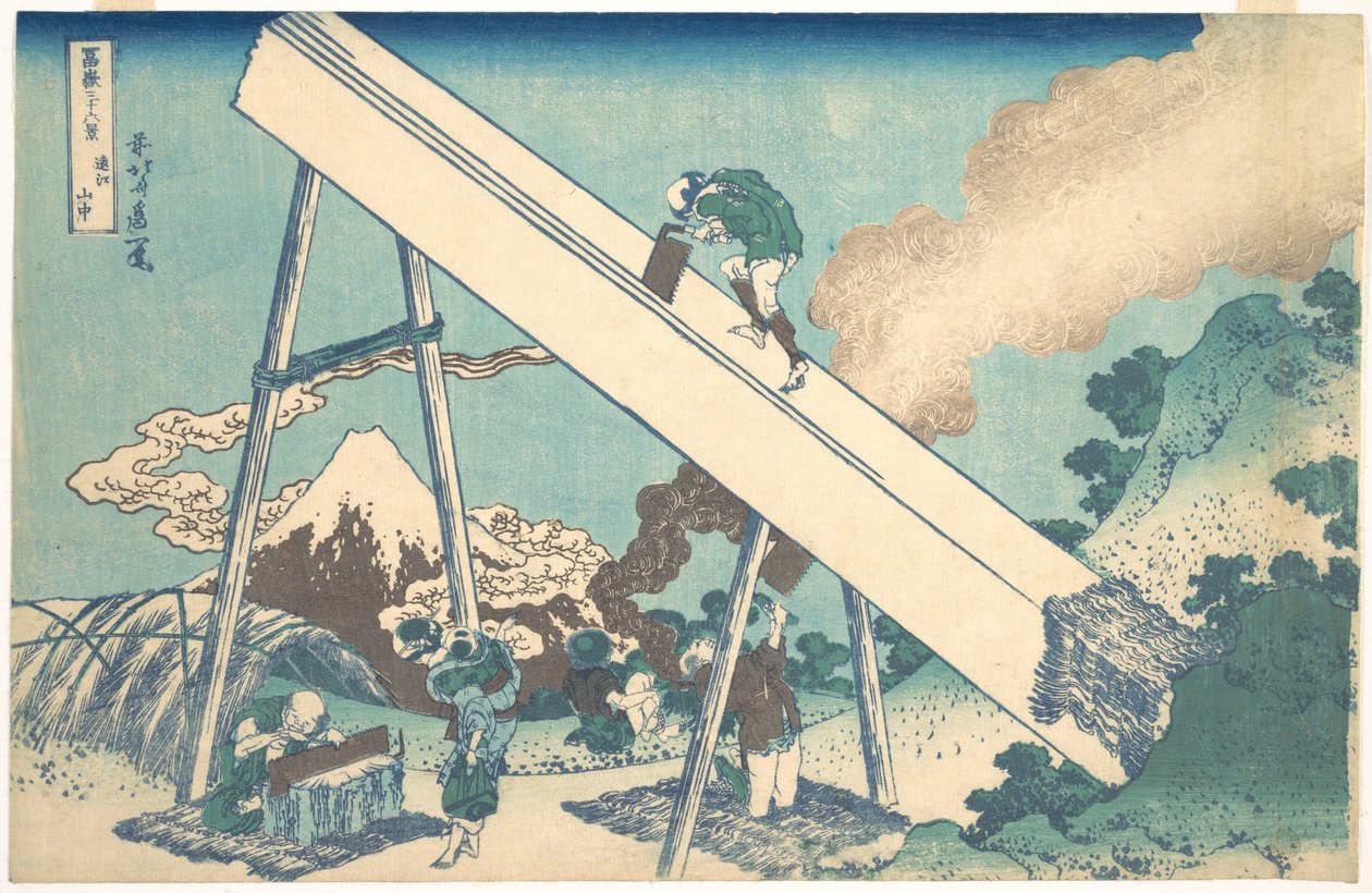 Tōtomin maakunnan vuoristossa (Tōtomi sanchū), sarjasta ”Fuji-vuoren 36 näkymää” (Fugaku sanjūrokkei) tekijältä Katsushika Hokusai