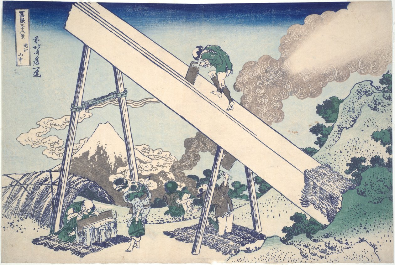 T?t?min maakunnan vuoristossa sarjasta Kolmekymmentäkuusi näkymää Fuji-vuorelle tekijältä Katsushika Hokusai