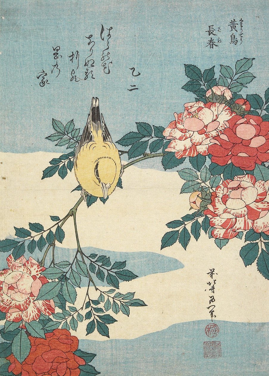 Japanilainen satakieli ja ruususuihke, n. 1832 tekijältä Katsushika Hokusai