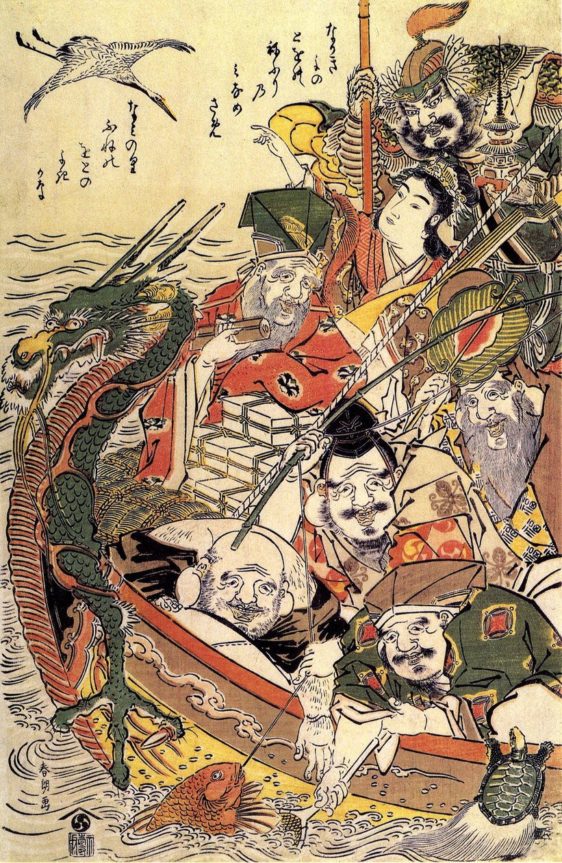 Japanilainen mytologia: "Seitsemän onnen jumalaa" tekijältä Katsushika Hokusai
