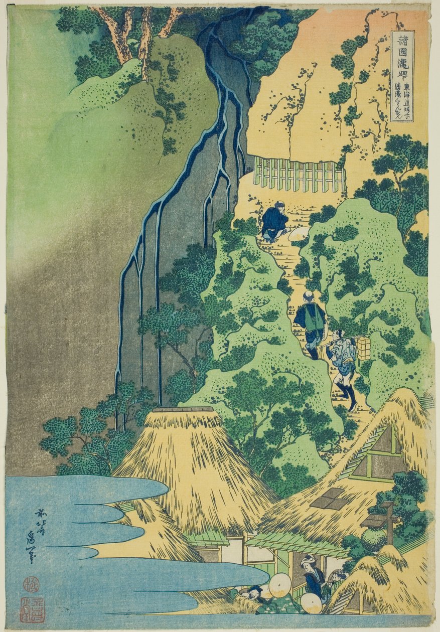 Kannon-pyhäkkö Kiyon putouksilla Sakanoshitassa Tōkaidōlla, sarjasta Tour of the Waterfalls in Various Provinces (Shokoku taki meguri) tekijältä Katsushika Hokusai