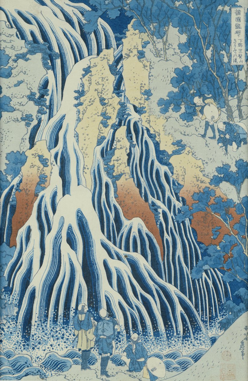 Kirifurin putous Kurokami-vuorella, sarjasta "Shokoku Taki Meguri" (Matka kaikkien maakuntien vesiputouksiin) n. 1832 (värillinen puupainatus) tekijältä Katsushika Hokusai