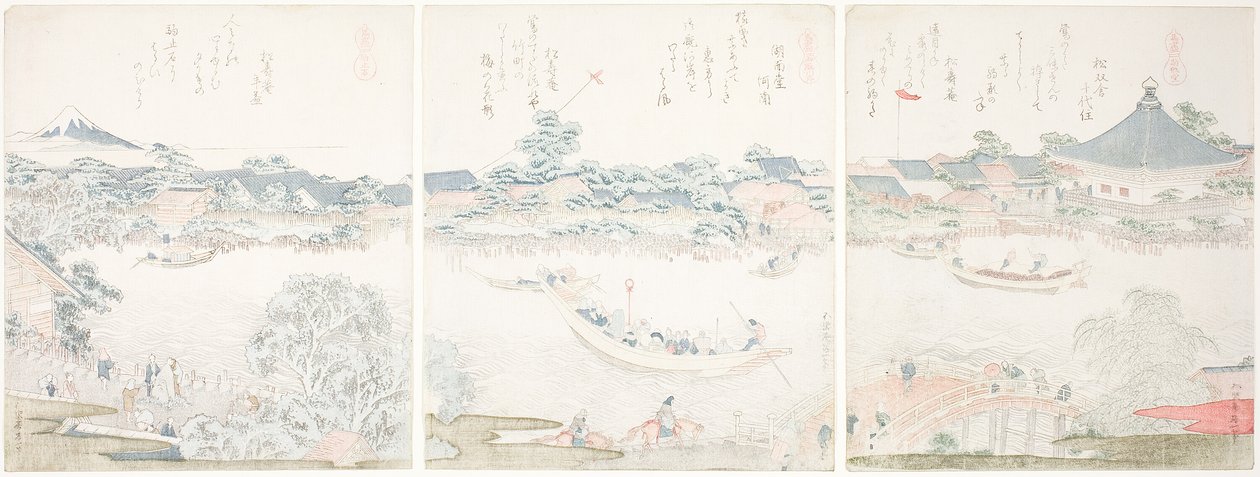Komagata Hall ja O-umaya River Bank sarjasta "A Selection of Horses (Uma zukushi)" tekijältä Katsushika Hokusai