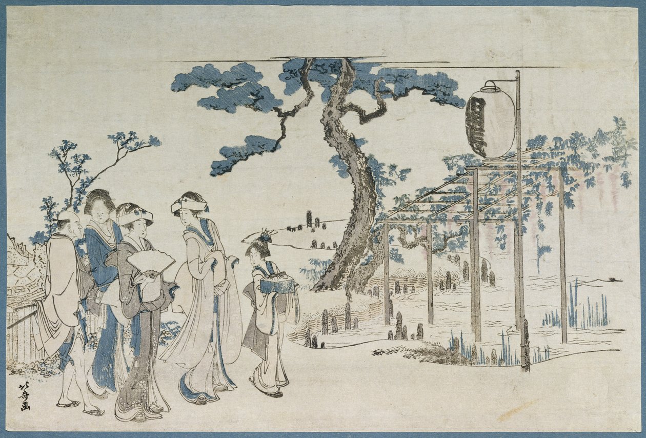 Naiset vierailevat Wisteria Gardensissa Kameidossa (puupainatus) tekijältä Katsushika Hokusai