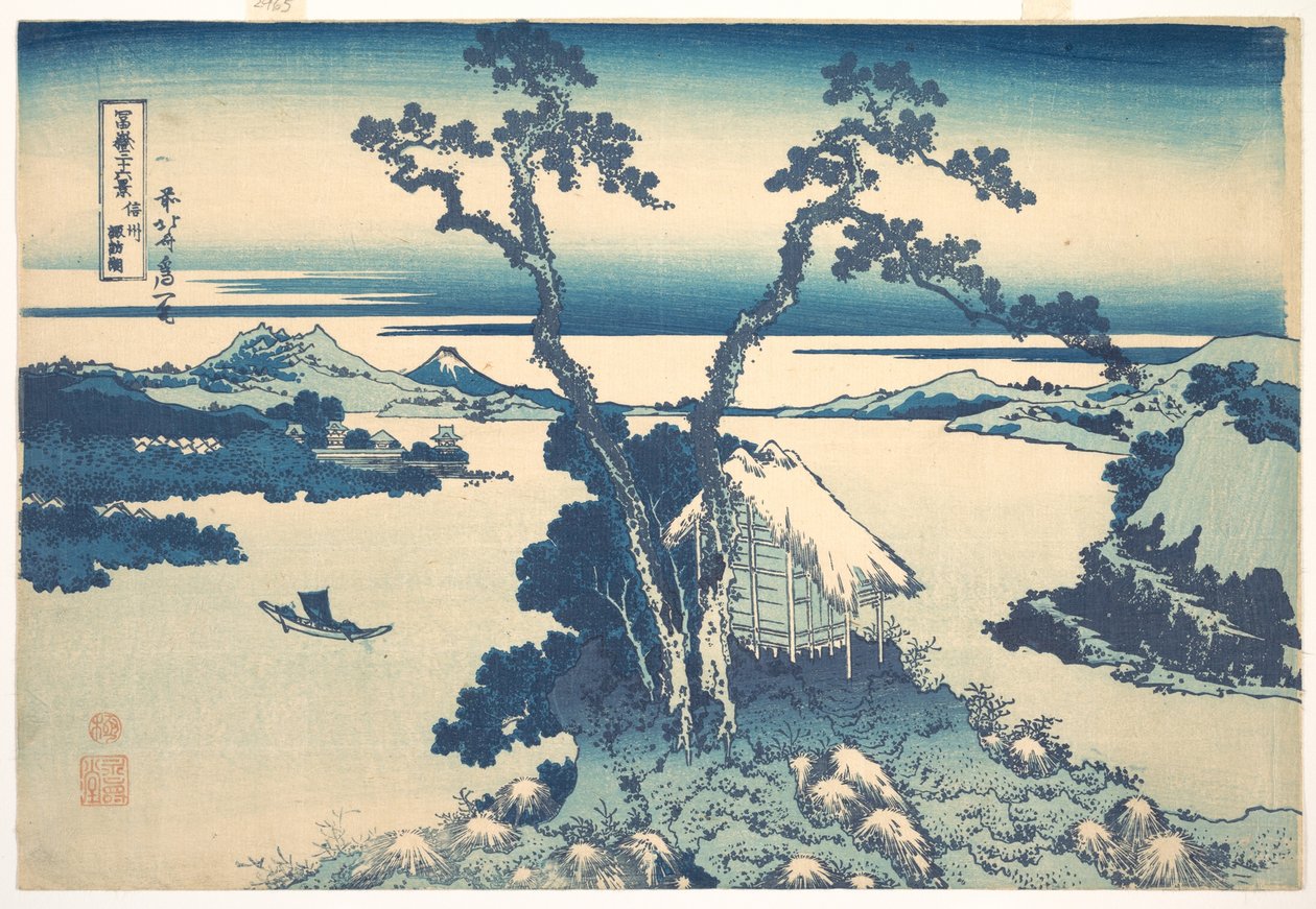 Suwa-järvi Shinano-maakunnassa (Shinshū Suwako), sarjasta ”36 näkymää Fuji-vuorelta” (Fugaku sanjūrokkei) tekijältä Katsushika Hokusai