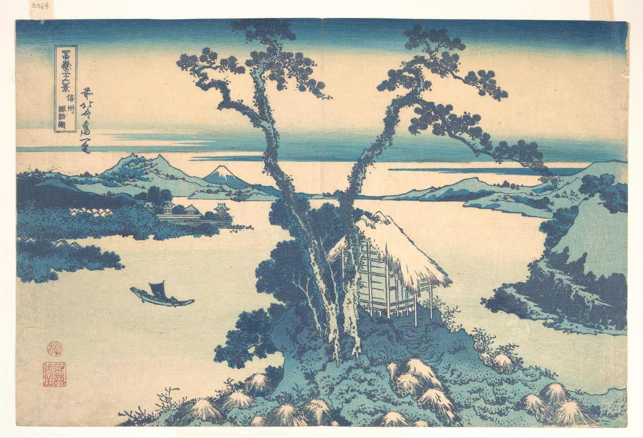 Suwa-järvi Shinano-maakunnassa (Shinshū Suwako), teoksesta ”36 näkymää Fuji-vuorelta” (Fugaku sanjūrokkei) tekijältä Katsushika Hokusai