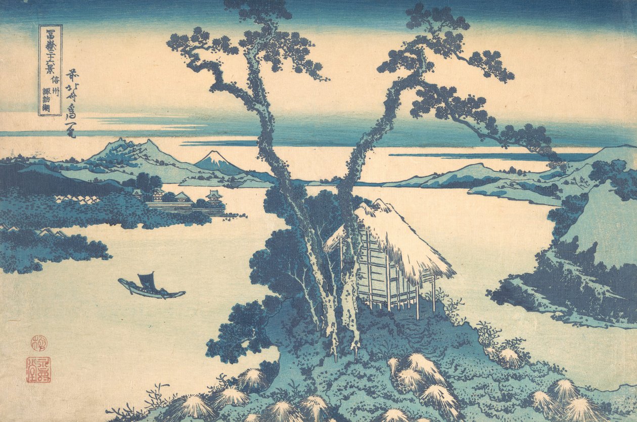 Suwa-järvi Shinanon maakunnassa Shinshu Suwako, sarjasta Thirty-six Views of..., ca. 1830-32. tekijältä Katsushika Hokusai
