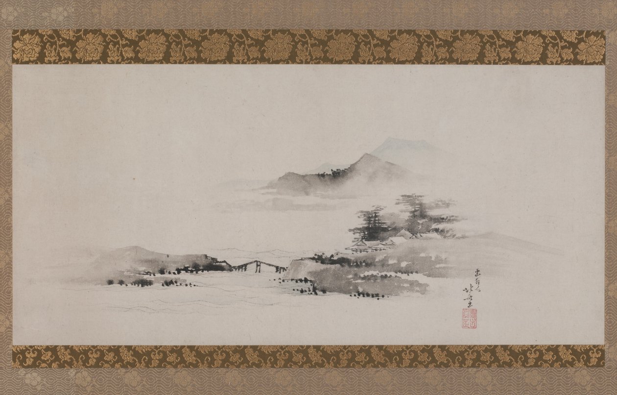 Maisema, Edo-kausi, noin 1801-02 (tussi ja väri paperille ripustettuna käärönä). tekijältä Katsushika Hokusai