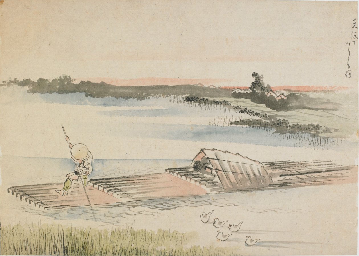 Maisema: venemies poljettelemassa lauttaansa, 1700-luvun loppu - 1800-luvun alku. tekijältä Katsushika Hokusai