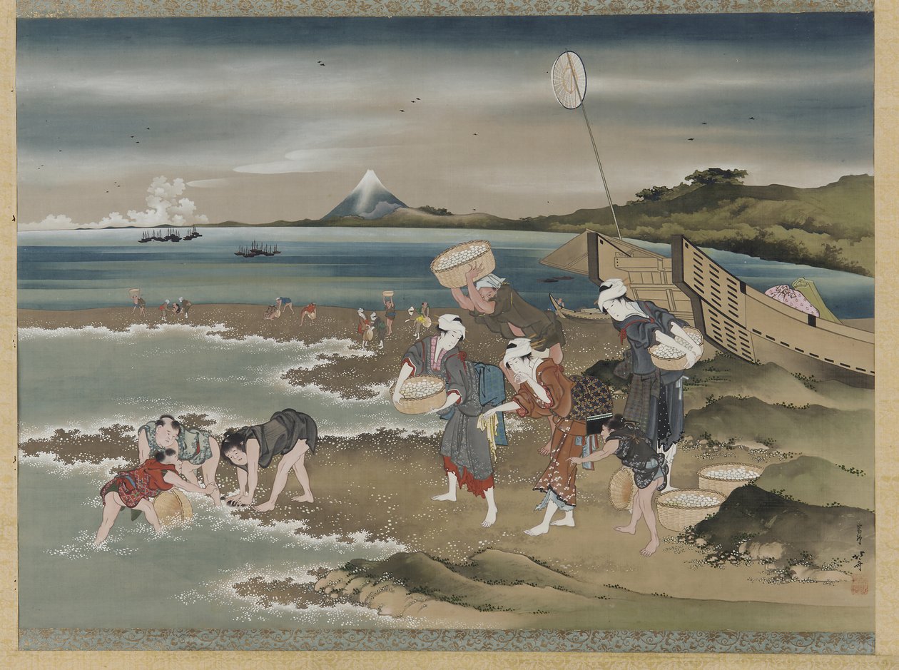 Maisema: simpukankerääjät rannalla (muste ja väri silkille) tekijältä Katsushika Hokusai