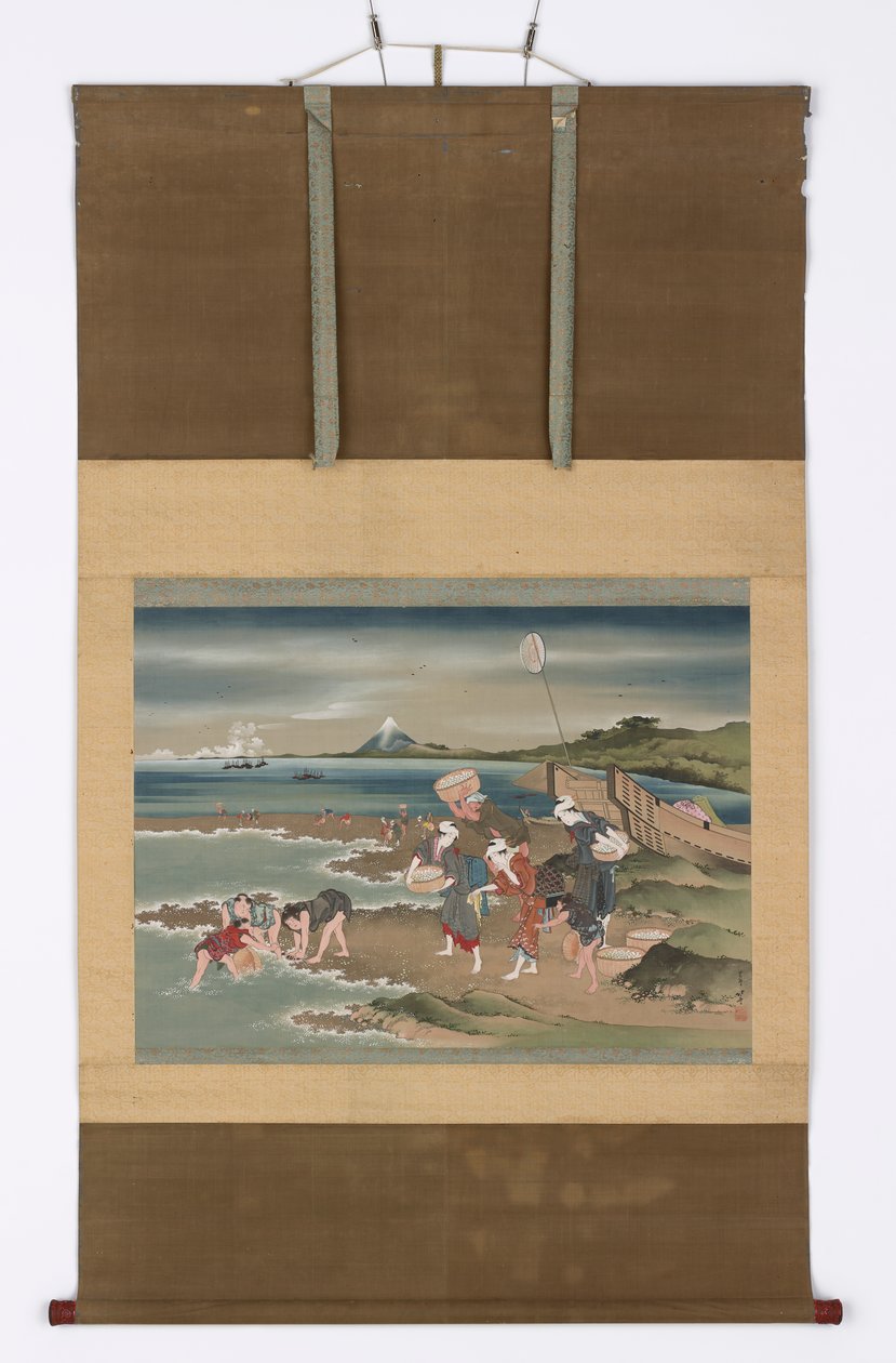 Maisema: simpukoiden keräilijöitä rannalla, 1700-luvun loppu - 1800-luvun alku. tekijältä Katsushika Hokusai