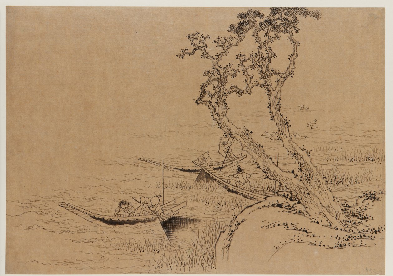 Maisema: hahmoja, jotka kalastavat veneistä, 1700-luvun loppu - 1800-luvun alku. tekijältä Katsushika Hokusai