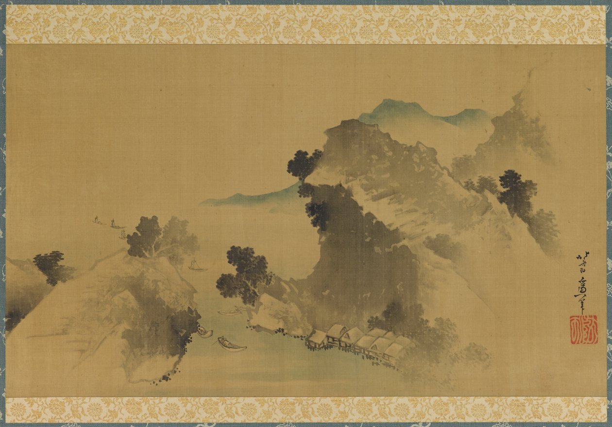 Maisema: vuoret, puro ja veneitä, 1700-luvun loppu - 1800-luvun alku. tekijältä Katsushika Hokusai