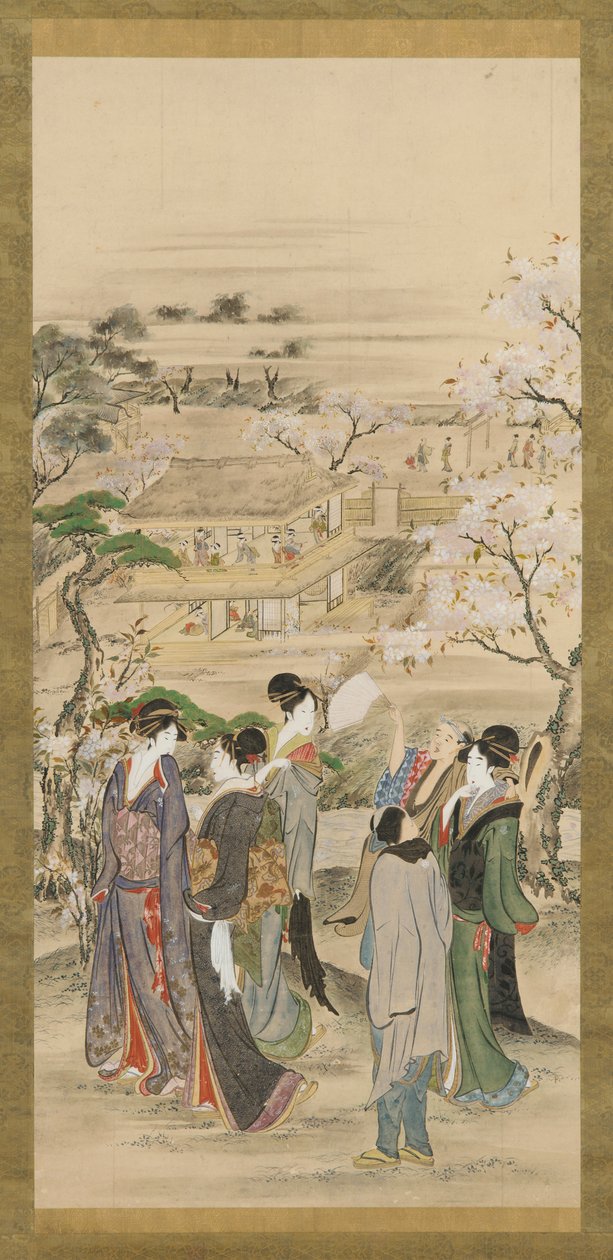 Maisema: miesten ja naisten juhlia katselemassa kirsikankukkia, 1700-luvun loppu - 1800-luvun alku. tekijältä Katsushika Hokusai