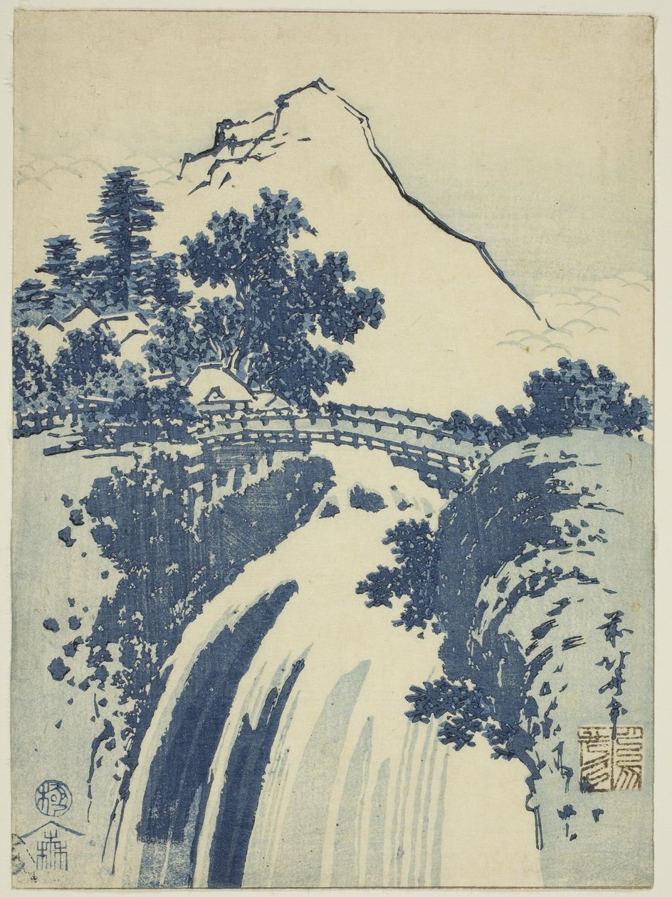 Maisema ja vesiputous nimettömästä chuban-printtisarjasta tekijältä Katsushika Hokusai