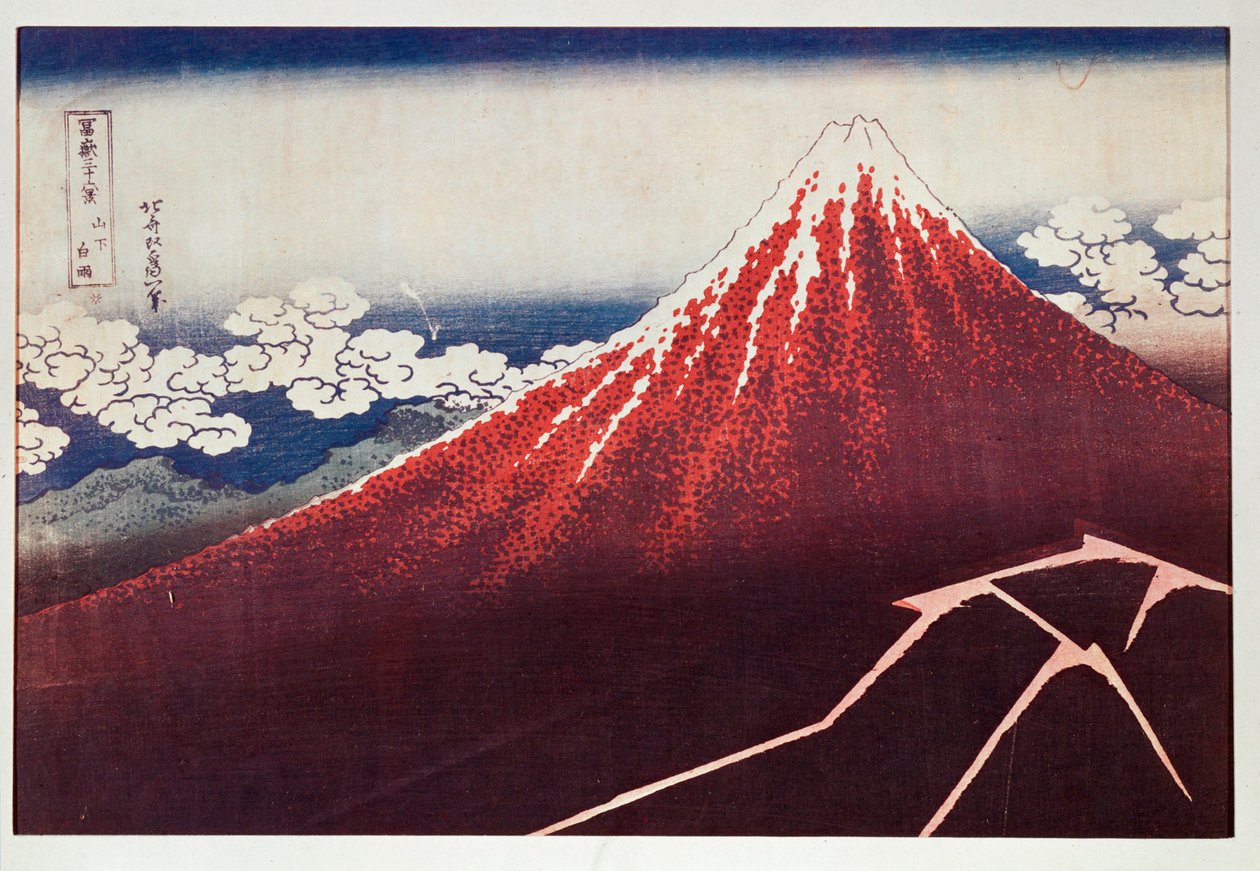 Salama Fujiyama-vuorella ... (värillinen puupiirros) tekijältä Katsushika Hokusai