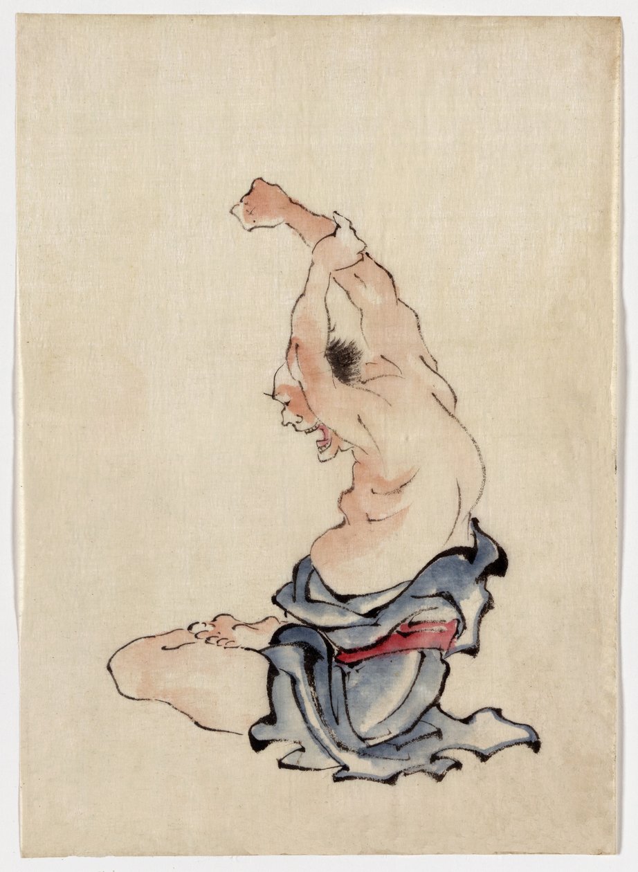 Man Stretching, julkaistu 1830-50 (värinen mustepesu) tekijältä Katsushika Hokusai