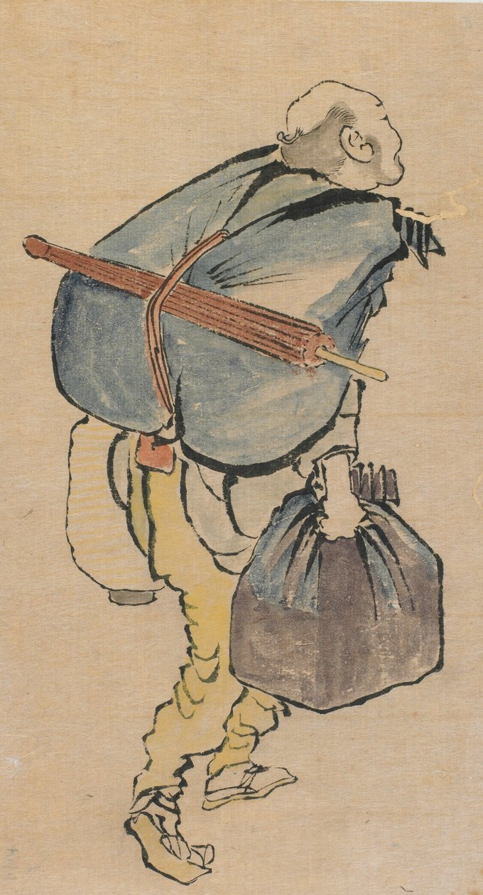 Mies kantoi reppua ja lyhtyä, 1700-luvun loppu - 1800-luvun alku. tekijältä Katsushika Hokusai