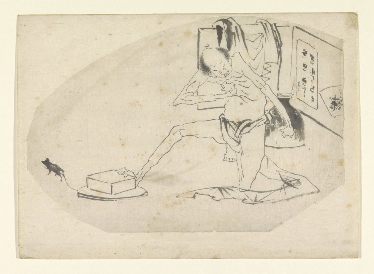 Mies lannekankaassa, laatikko ja hiiri tekijältä Katsushika Hokusai