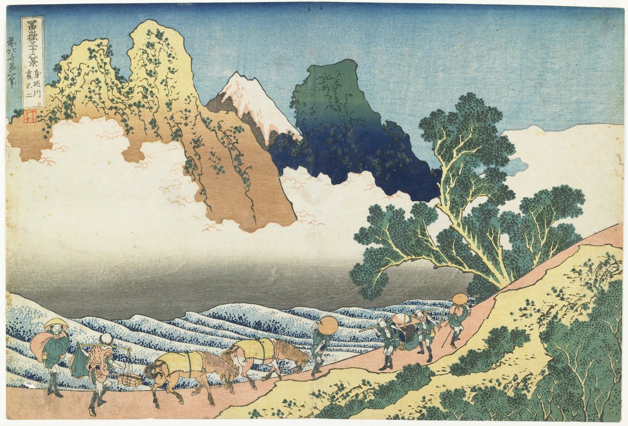 Minobu-joki ja Fuji-vuori takaa katsottuna, 1831-1834 tekijältä Katsushika Hokusai