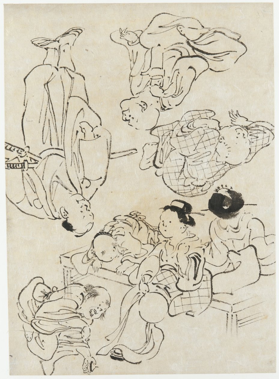 Erilaisia hahmoja: kesän nautintoja, kuistilla istuvia hahmoja ja (alempi) samurai, Edo-kausi (muste paperille). tekijältä Katsushika Hokusai