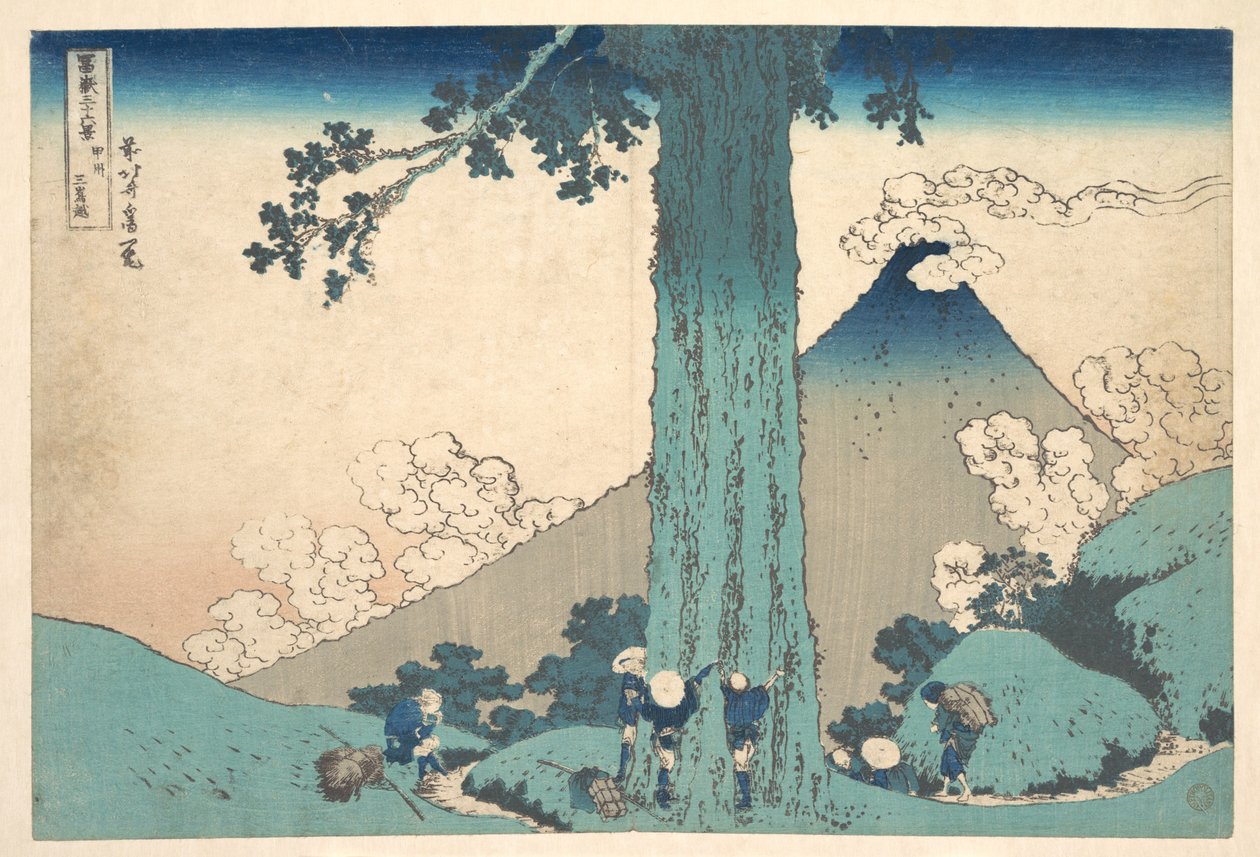 Mishiman solan Kai-maakunnassa (Kōshū Mishima goe), sarjasta ”Fuji-vuoren 36 näkymää” (Fugaku sanjūrokkei) tekijältä Katsushika Hokusai