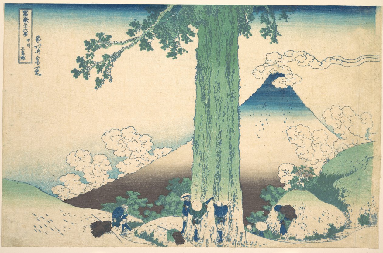 Mishiman solan Kai-maakunnassa (Kōshū Mishima goe), sarjasta ”Fuji-vuoren 36 näkymää” (Fugaku sanjūrokkei) tekijältä Katsushika Hokusai