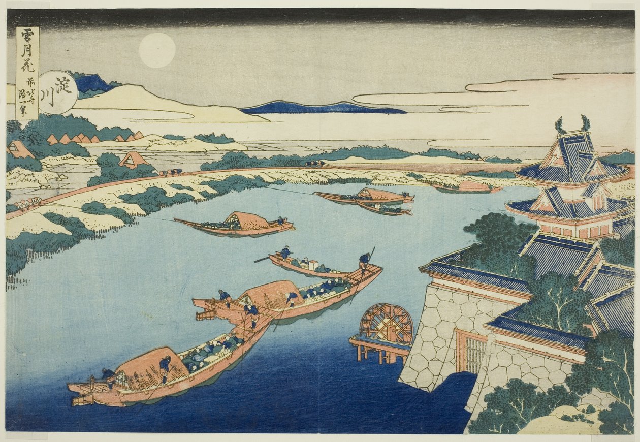 Moonlight on the Yodo River (Yodogawa), sarjasta "Lumi, kuu ja kukat (Setsugekka)" tekijältä Katsushika Hokusai