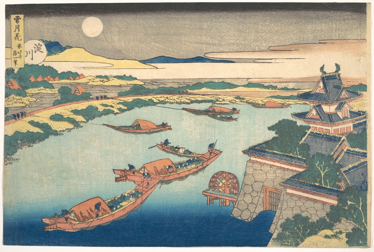 Kuunvalo Yodo-joella (Yodogawa), sarjasta ”Lumi, kuu ja kukat” (Setsugekka) tekijältä Katsushika Hokusai