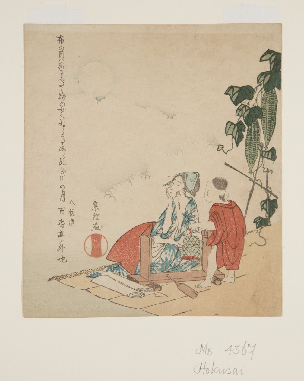 Mother and Child by Gourd Trellis in Moonlight (värillinen puupalikkaprintti) tekijältä Katsushika Hokusai