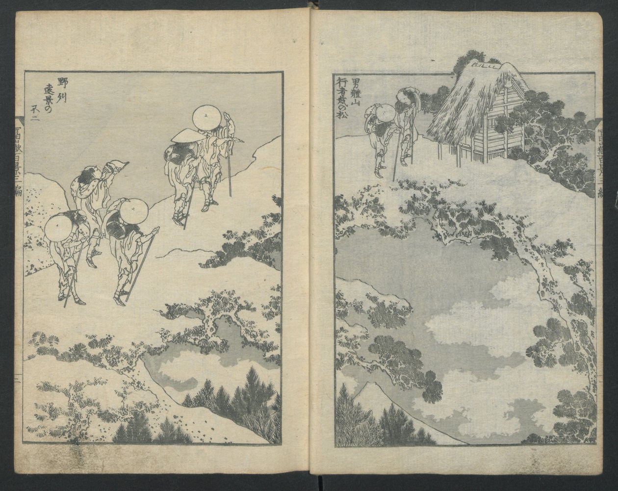 Fuji-vuori sillan alla vasemmalla, Fuji-vuori verkon takana oikealla, kohteesta One Hundred Vi..., n. 1847. tekijältä Katsushika Hokusai