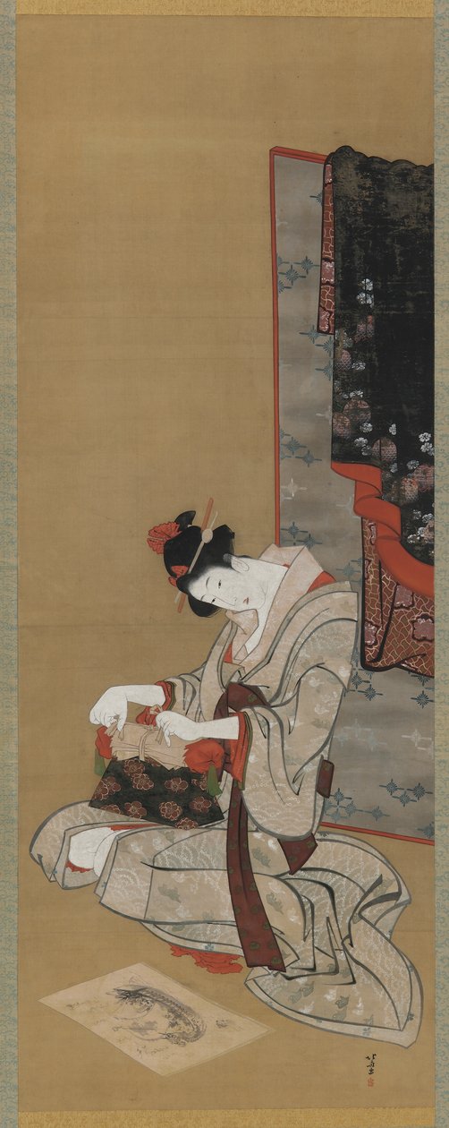 New Year Custom: Meikki uudenvuoden aamuna, Edo-kausi, n. 1806-111 (muste ja väri silkillä) tekijältä Katsushika Hokusai