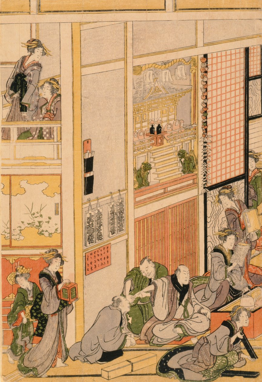 Uudenvuodenpäivä Teahouse Ogi-yassa. c.1810 (värillinen puupainatus) (katso sarja 277765 & 277797-277798) tekijältä Katsushika Hokusai