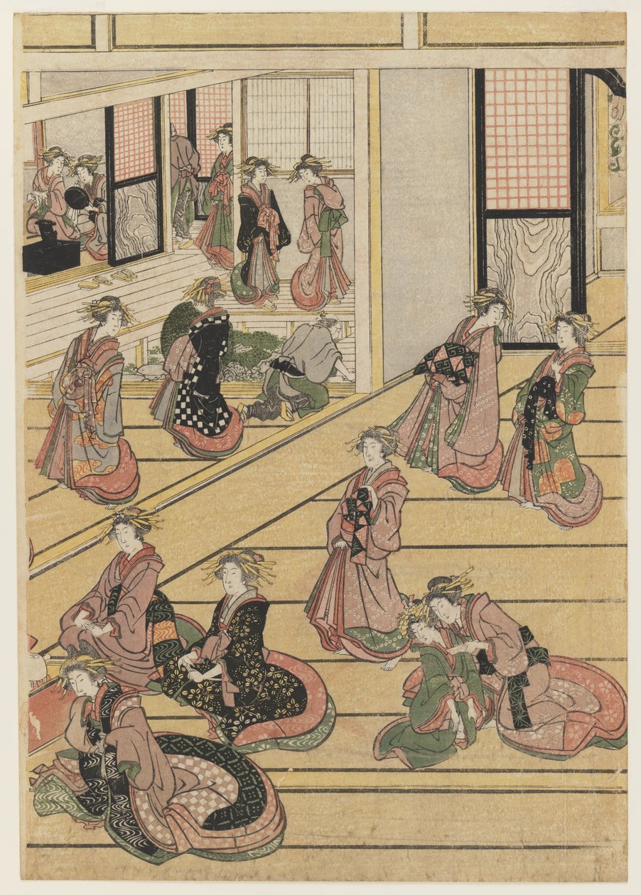 Uudenvuodenpäivät Teahouse Ogi-yassa. c.1810 (värillinen puupainatus) (katso sarja 277795-277797) tekijältä Katsushika Hokusai
