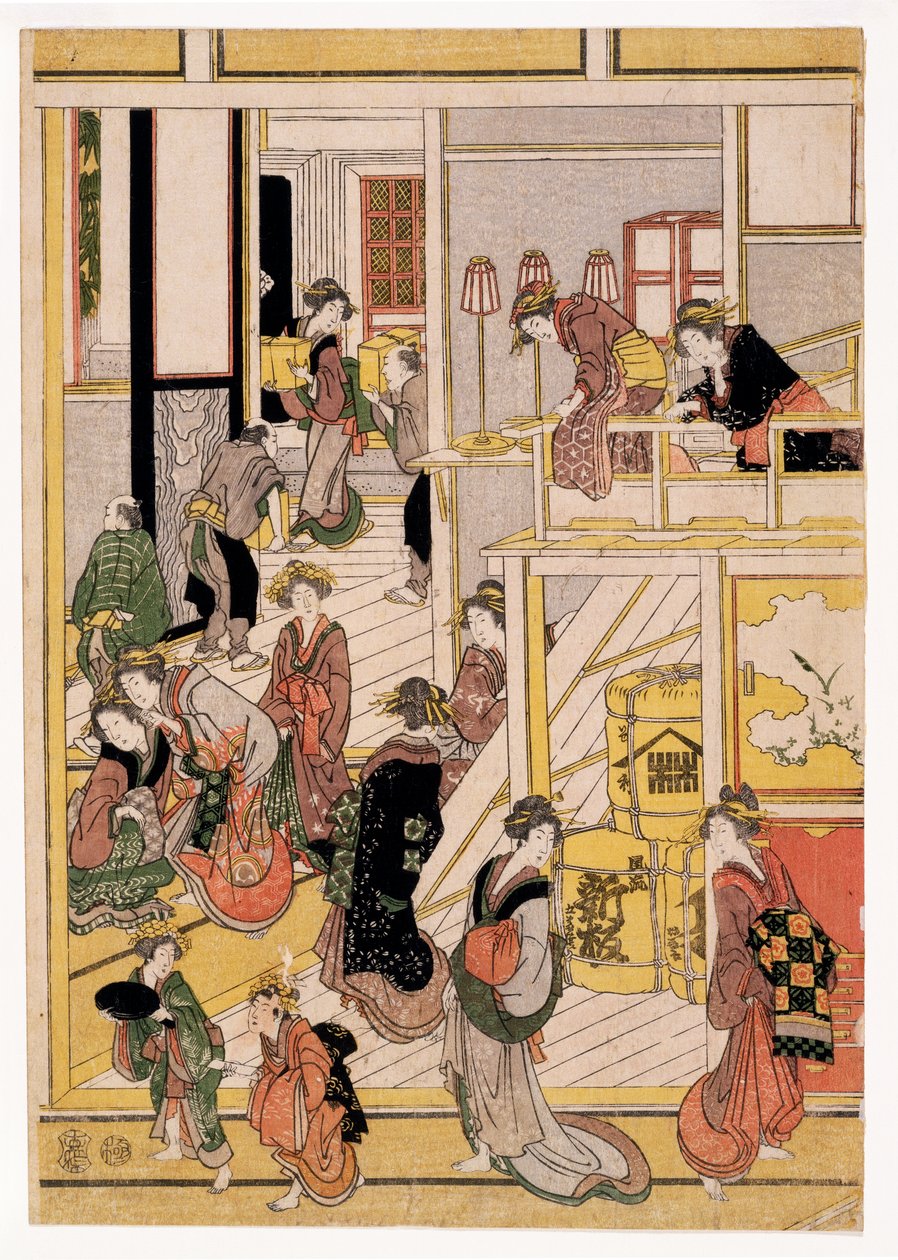 Teahouse Ogi-yan uudenvuodenpäivät, n. 1810 (puupalikoita) (katso myös 406534, 406535 ja 406536) tekijältä Katsushika Hokusai
