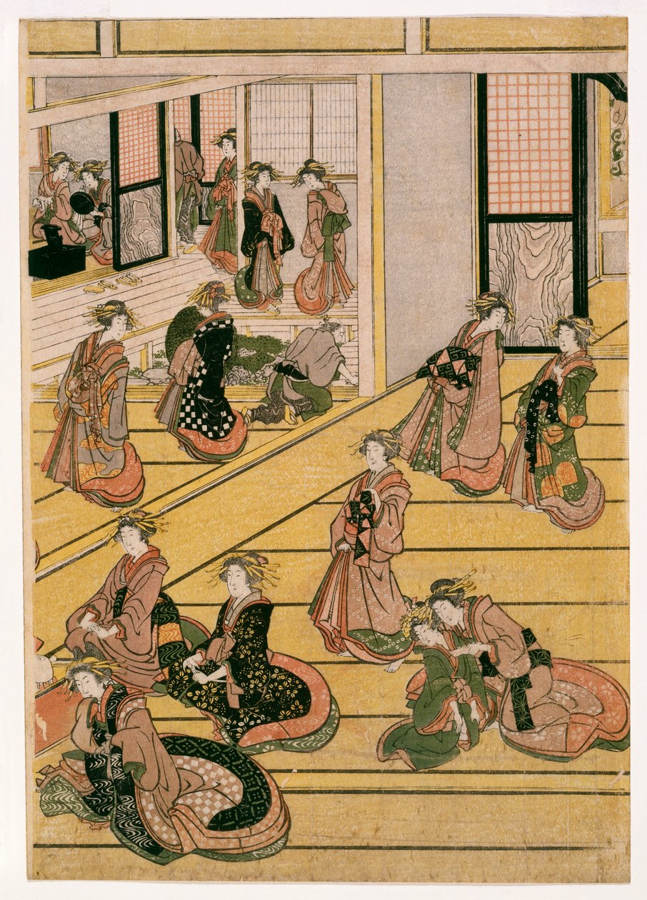 Teahouse Ogi-yan uudenvuodenpäivät, n. 1810 (puupalikoita) (katso myös 406533, 406534 ja 406535) tekijältä Katsushika Hokusai