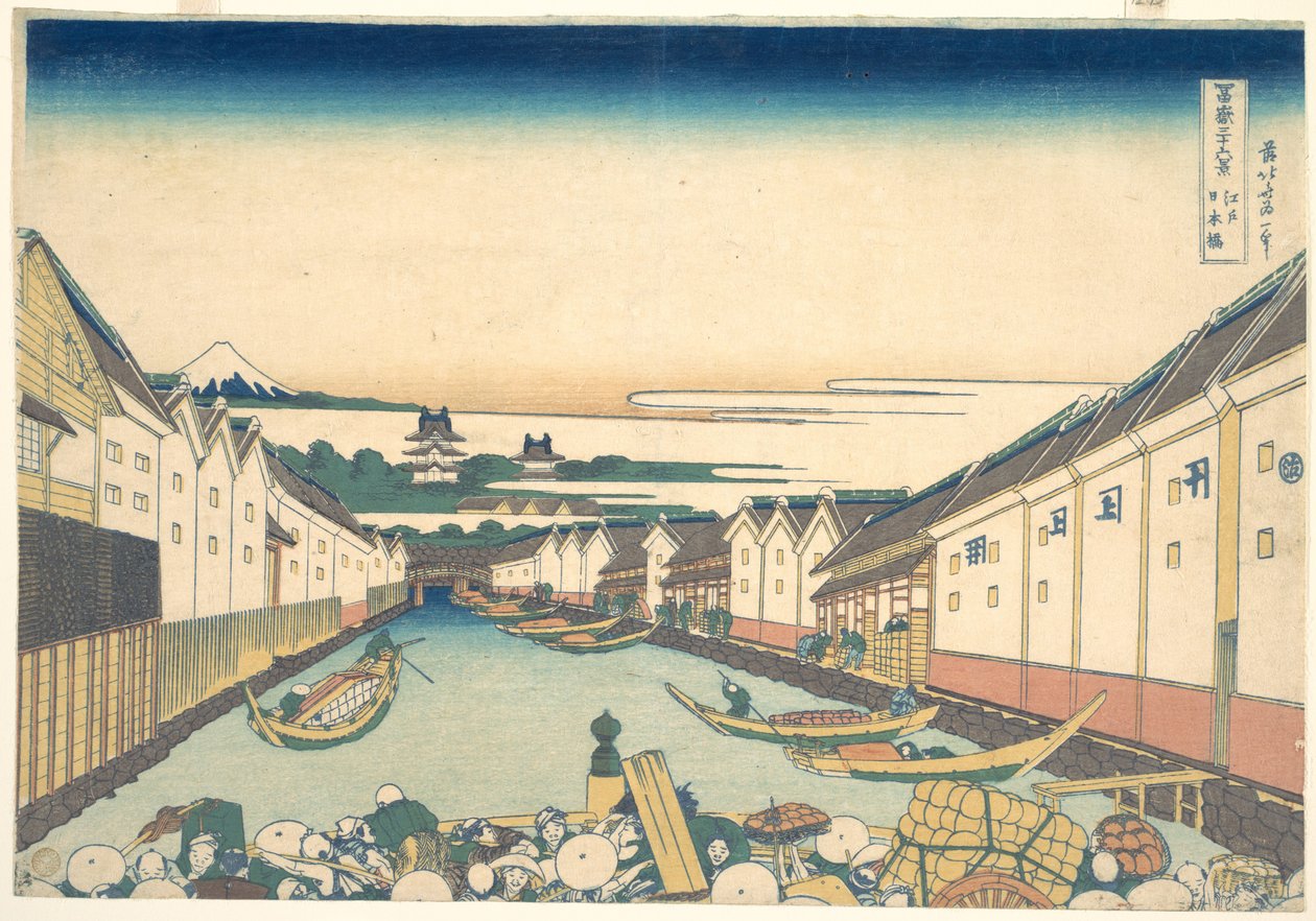 Nihonbashi Edossa (Edo Nihonbashi), sarjasta ”36 näkymää Fuji-vuorelta” (Fugaku sanjūrokkei) tekijältä Katsushika Hokusai