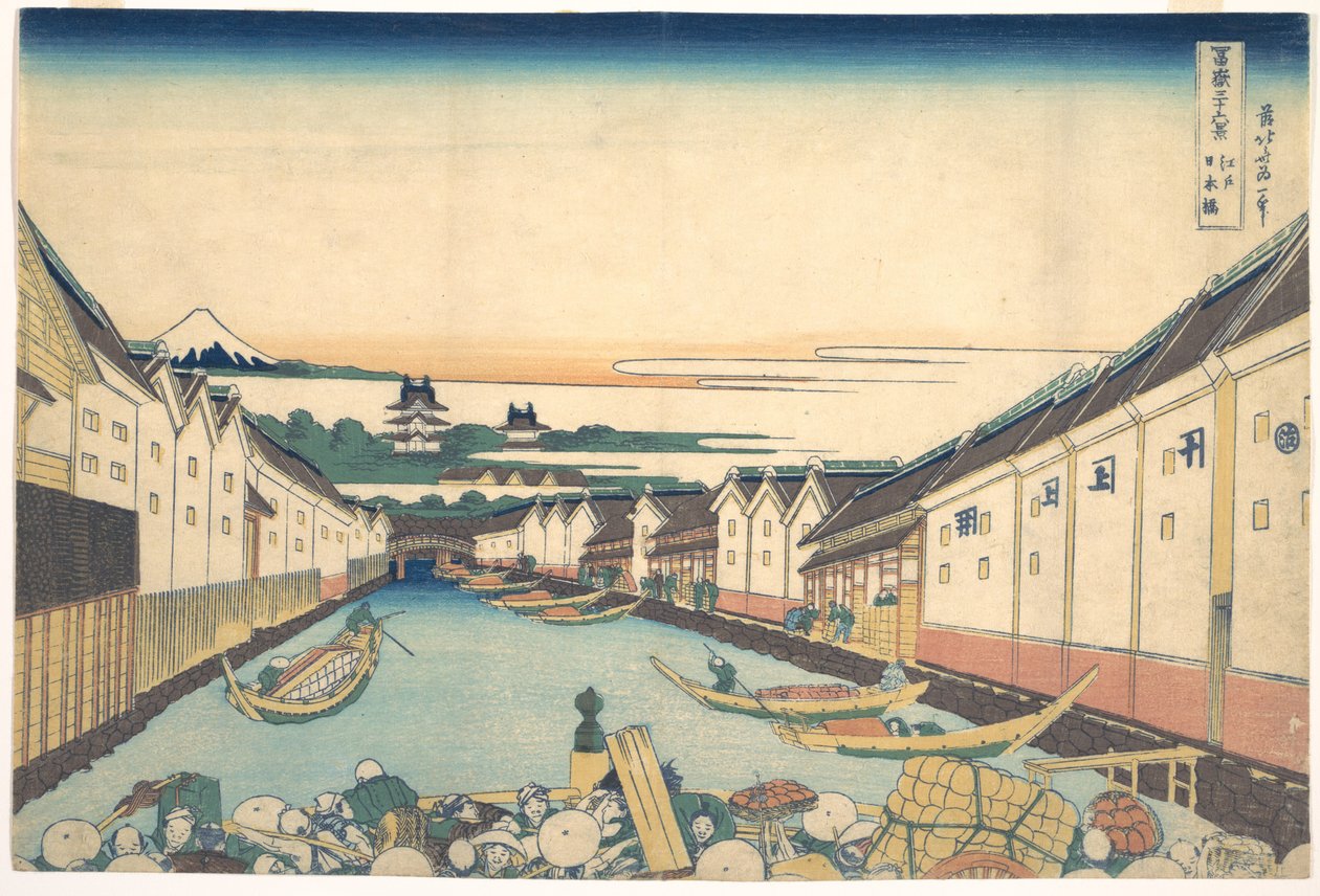 Nihonbashi Edossa (Edo Nihonbashi), sarjasta ”36 näkymää Fuji-vuorelta” (Fugaku sanjūrokkei) tekijältä Katsushika Hokusai