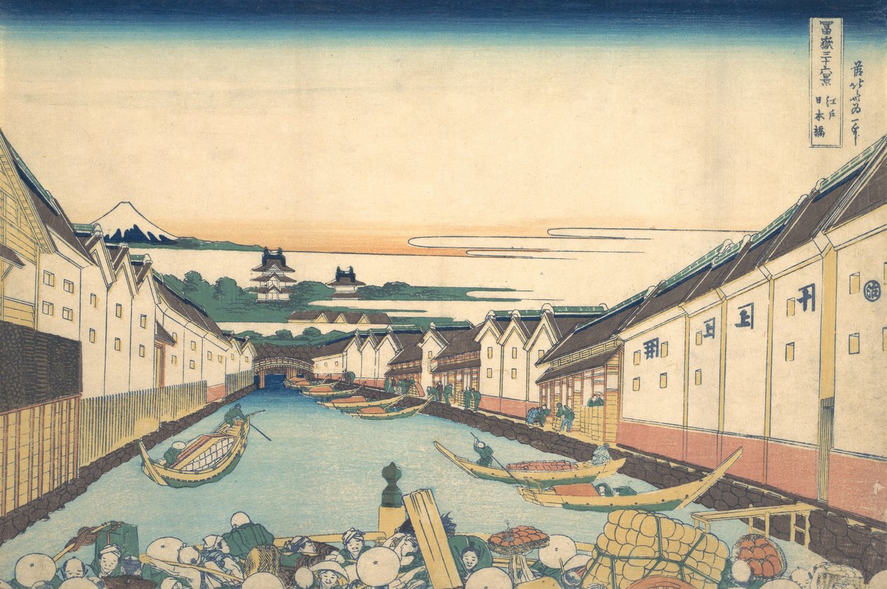 Nihonbashi in Edo Edo Nihonbashi, sarjasta Thirty Six Views of Mount Fuji ..., ca. 1830-32. tekijältä Katsushika Hokusai