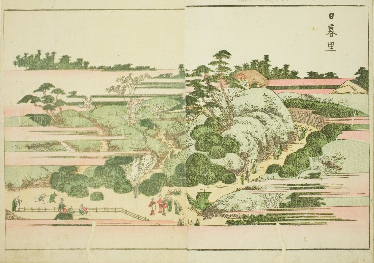 Nippori, kuvitetusta kirjasta "Idän huvipuistojen kuvakirja (Ehon Azuma asobi)" tekijältä Katsushika Hokusai