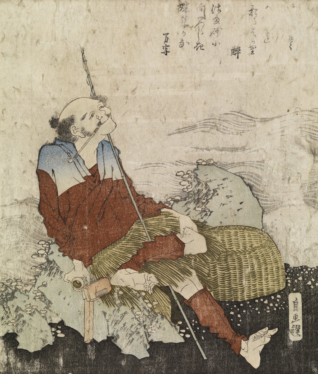Vanha kalastaja polttaa piippua, n.1835 (värillinen puupainatus) tekijältä Katsushika Hokusai