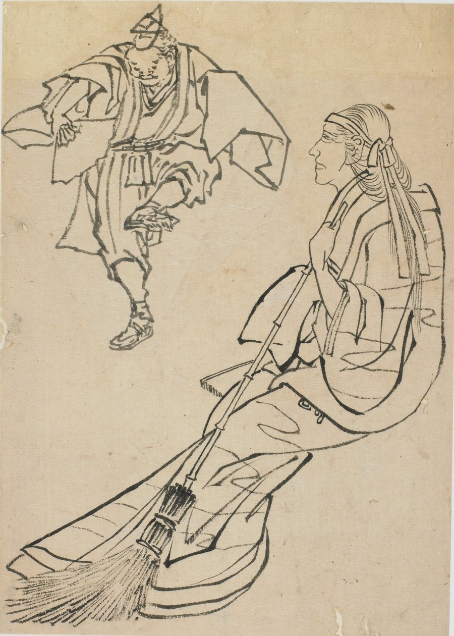Penkillä istuva vanha nainen, jonka edessä mies viuhkaineen tanssii, 1700-luvun loppu - 1800-luvun alku. tekijältä Katsushika Hokusai