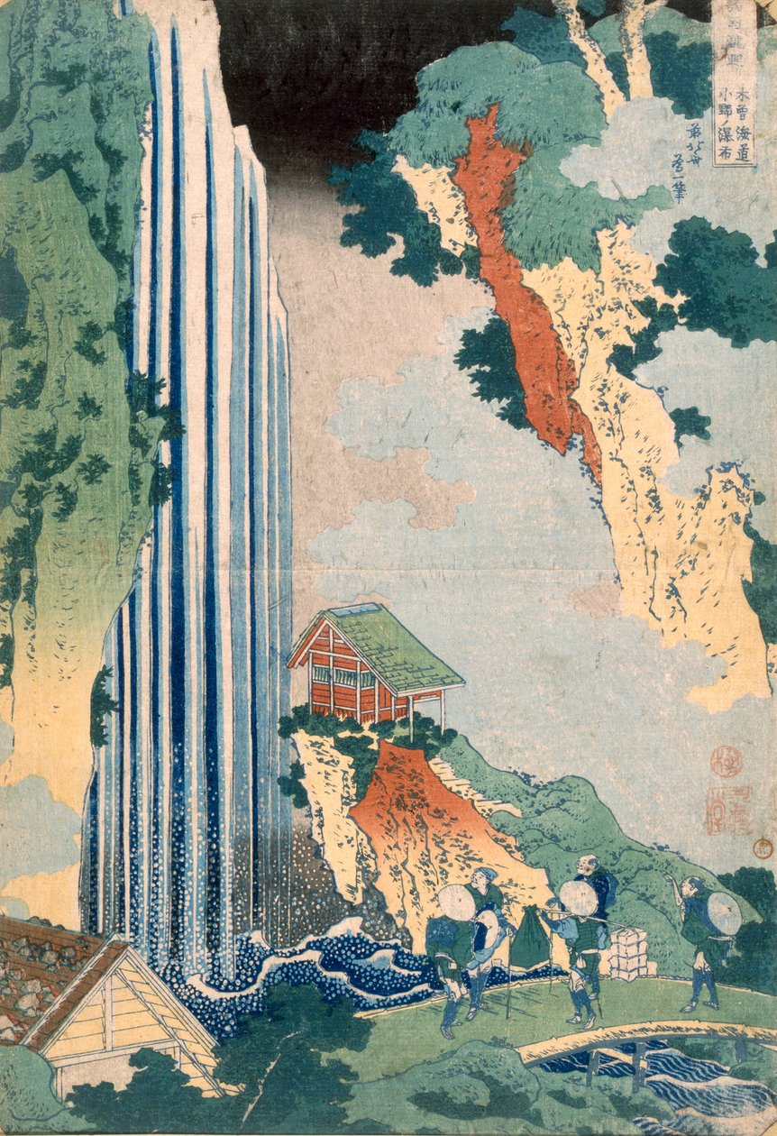 Ona-vesiputous Kisokaidolla, 1827 (värillinen puupalikkaprintti) tekijältä Katsushika Hokusai
