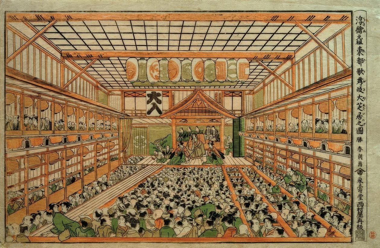 Alkuperäinen perspektiivikuva Suuresta Kabuki-teatterista Edossa tekijältä Katsushika Hokusai